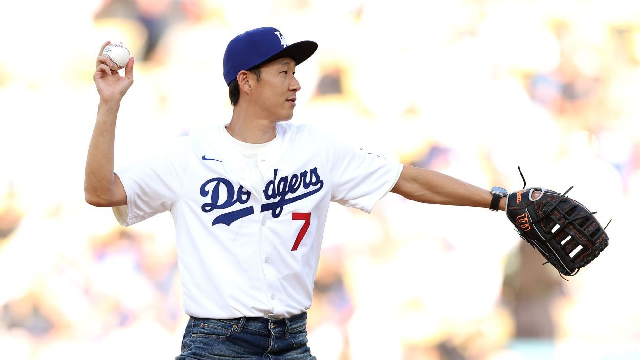 Son Heung-Min nails 1st pitch at Dodger Stadium Son Heung-Min nails 1st pitch at Dodger Stadium