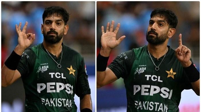 Haris Rauf taunts Indian trolls with ‘0-6’ gesture, evoking PAF’s historic six-jet feat Haris Rauf taunts Indian trolls with ‘0-6’ gesture, evoking PAF’s historic six-jet feat