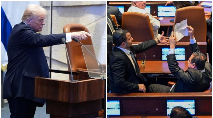 Trump heckled at Israeli parliament as MPs shout ‘Recognise Palestine!’ Trump heckled at Israeli parliament as MPs shout ‘Recognise Palestine!’