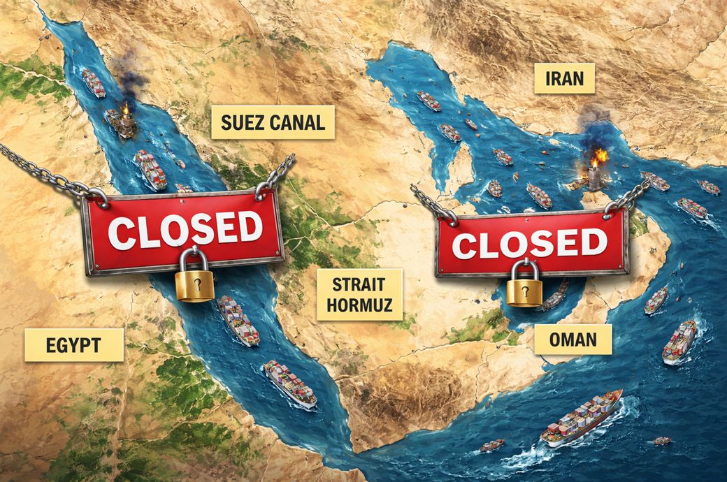 Suez and Hormuz shut together, triggering global supply shock