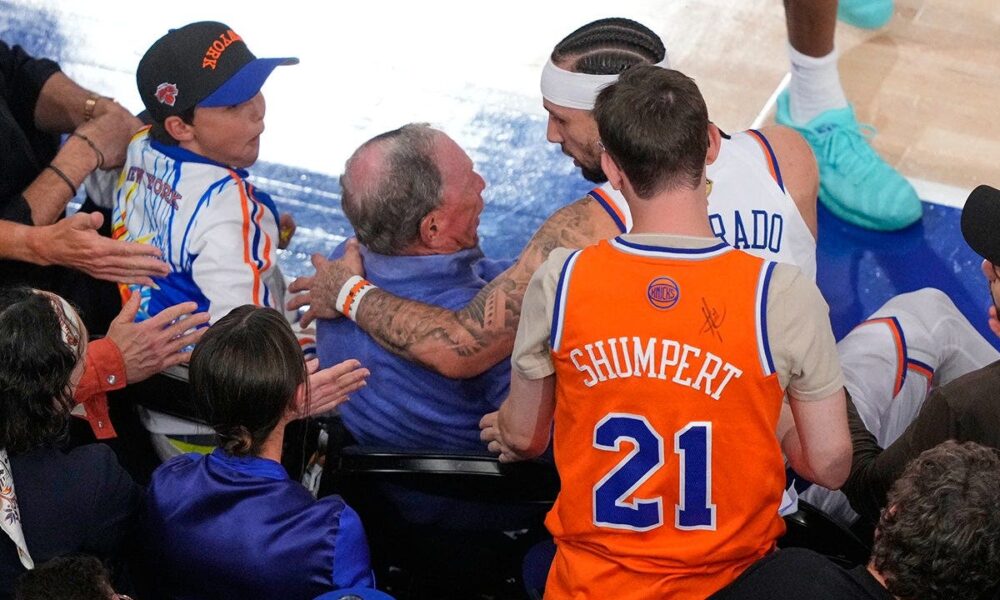 Knicks guard nearly wipes out Michael Bloomberg diving for loose ball during NBA Finals Game 3