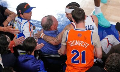 Knicks guard nearly wipes out Michael Bloomberg diving for loose ball during NBA Finals Game 3